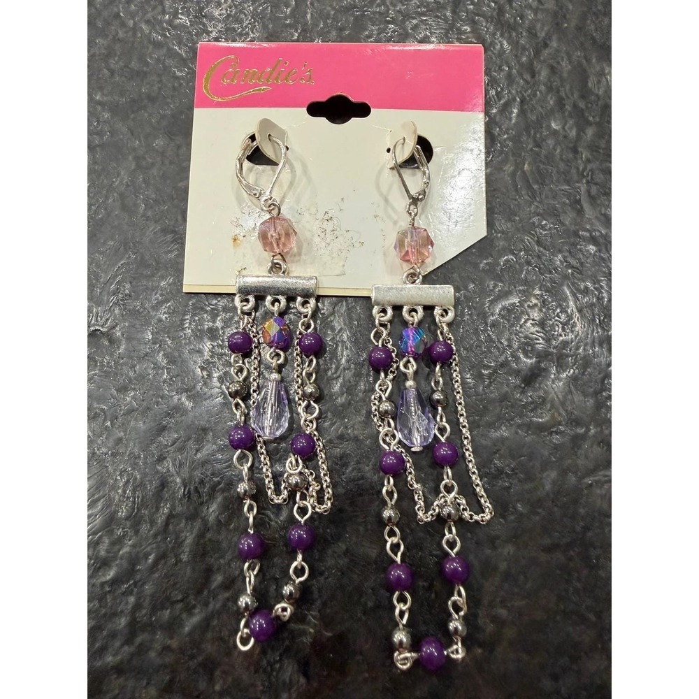 Candie's Silver Tone Pink Purple Beaded Chandelier Dangle Earrings Y2K Boho